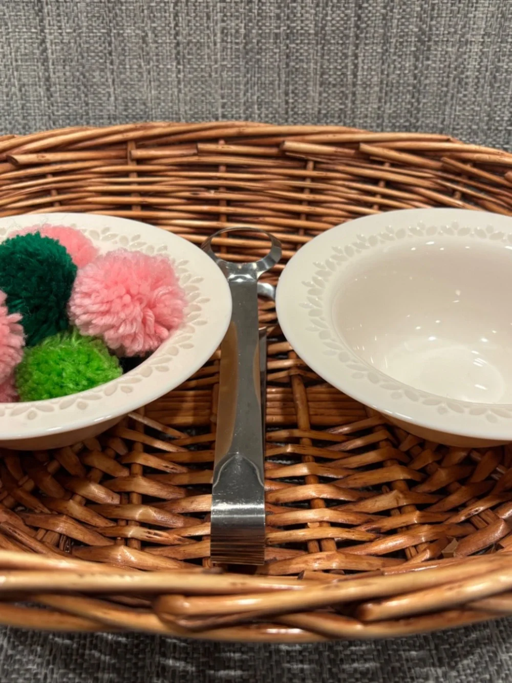 pink bowls practical life tonging in oval basket by idlewild montessori